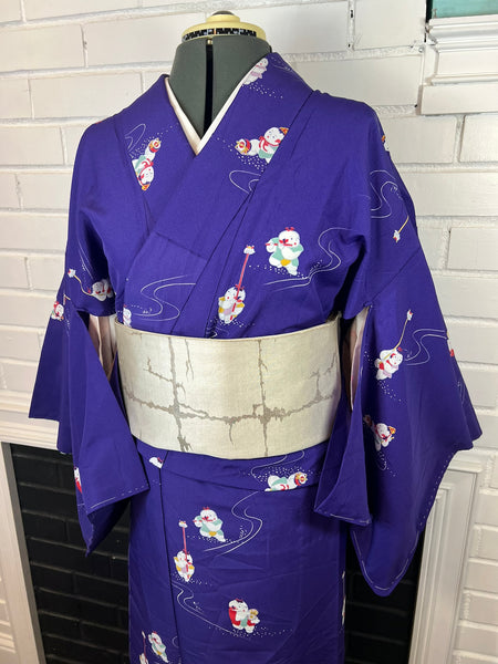 Vintage Japanese Purple Kimono with Playful Boy Motif – Lightweight Polyester Hitoe (Unlined)