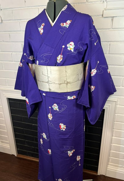 Vintage Japanese Purple Kimono with Playful Boy Motif – Lightweight Polyester Hitoe (Unlined)