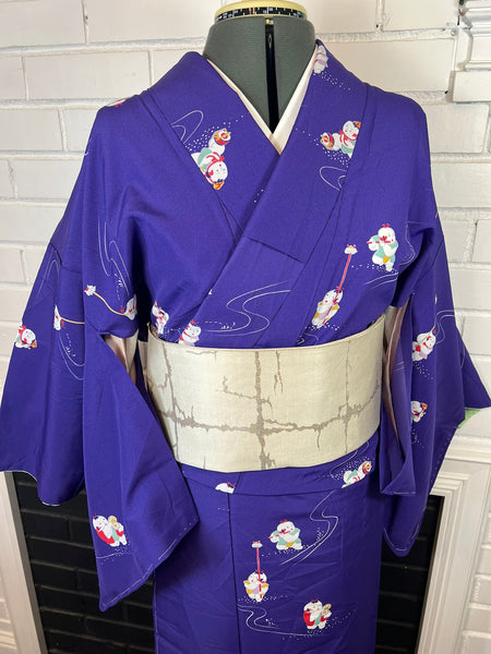 Vintage Japanese Purple Kimono with Playful Boy Motif – Lightweight Polyester Hitoe (Unlined)