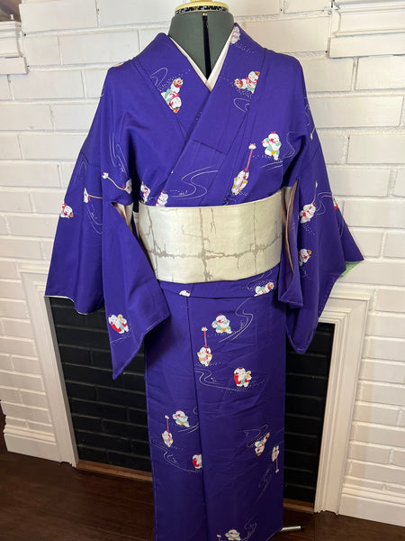Vintage Japanese Purple Kimono with Playful Boy Motif – Lightweight Polyester Hitoe (Unlined)