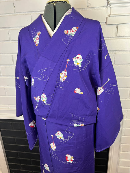 Vintage Japanese Purple Kimono with Playful Boy Motif – Lightweight Polyester Hitoe (Unlined)