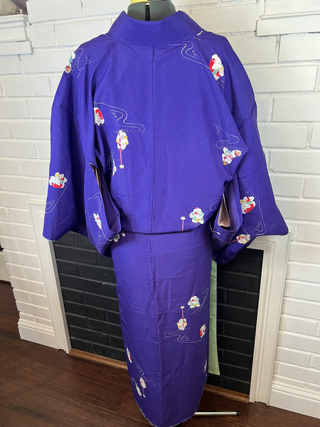 Vintage Japanese Purple Kimono with Playful Boy Motif – Lightweight Polyester Hitoe (Unlined)