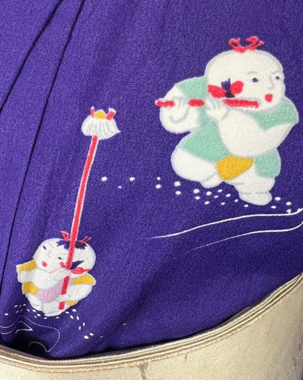 Vintage Japanese Purple Kimono with Playful Boy Motif – Lightweight Polyester Hitoe (Unlined)
