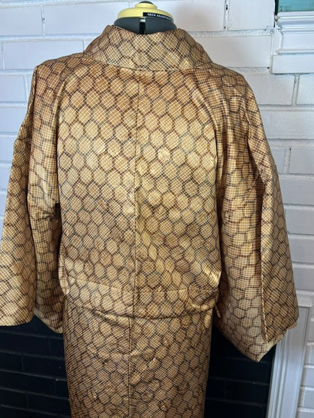 Vintage Japanese Brown Geometric Kimono | Awase (Fully Lined) | Traditional Japanese Clothing