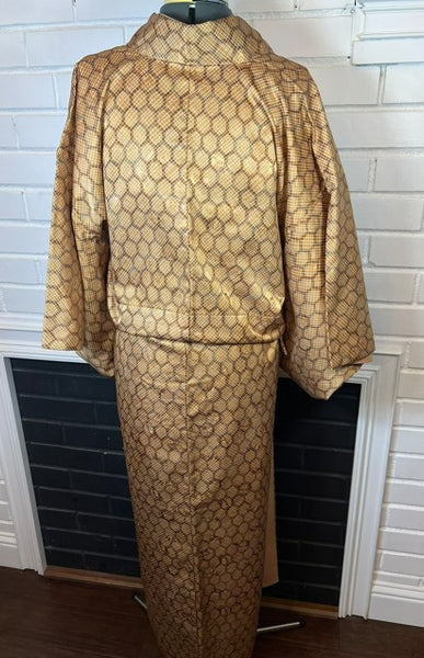 Vintage Japanese Brown Geometric Kimono | Awase (Fully Lined) | Traditional Japanese Clothing