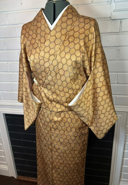 Vintage Japanese Brown Geometric Kimono | Awase (Fully Lined) | Traditional Japanese Clothing