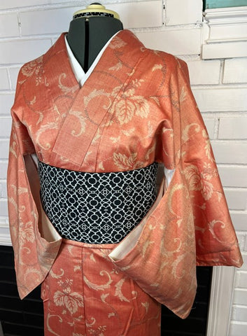 Vintage Cotton Kimono in Coral with Leaf Pattern | Awase (Fully Lined) | Traditional Japanese Clothing