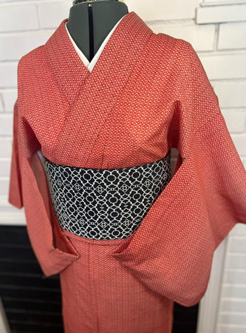 Vintage Japanese Red Cotton Kimono / Lightweight Hitoe (Unlined) / Minimal Geometric Pattern