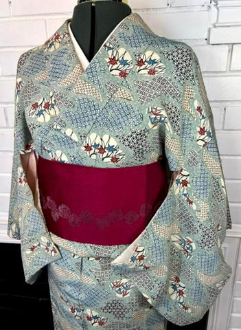 Vintage Japanese Silk Kimono | Awase Kimono with Traditional Fan and Maple Leaf Pattern