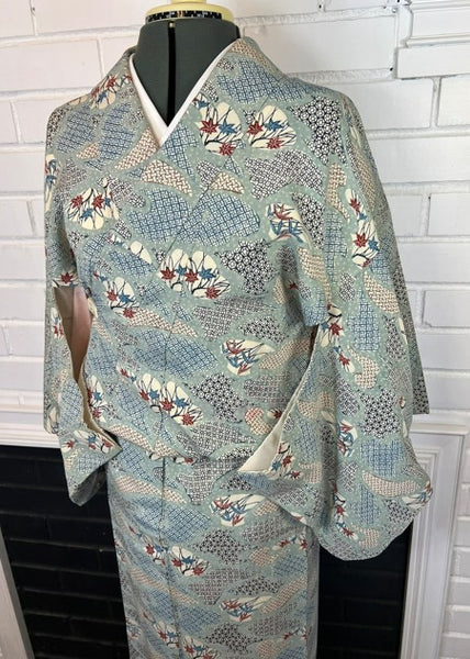 Vintage Japanese Silk Kimono | Awase Kimono with Traditional Fan and Maple Leaf Pattern