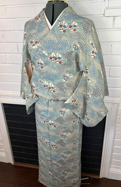 Vintage Japanese Silk Kimono | Awase Kimono with Traditional Fan and Maple Leaf Pattern