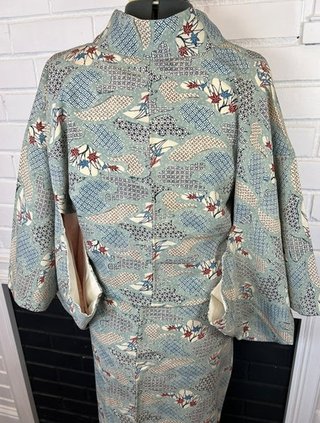 Vintage Japanese Silk Kimono | Awase Kimono with Traditional Fan and Maple Leaf Pattern