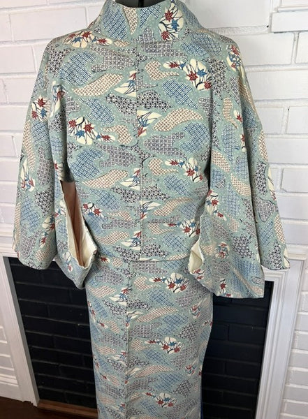 Vintage Japanese Silk Kimono | Awase Kimono with Traditional Fan and Maple Leaf Pattern