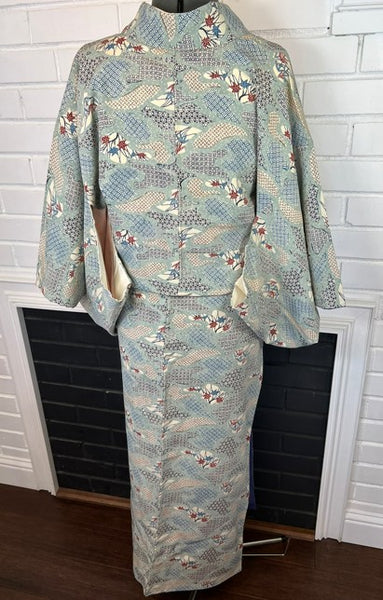 Vintage Japanese Silk Kimono | Awase Kimono with Traditional Fan and Maple Leaf Pattern