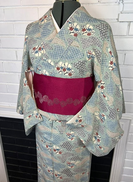 Vintage Japanese Silk Kimono | Awase Kimono with Traditional Fan and Maple Leaf Pattern