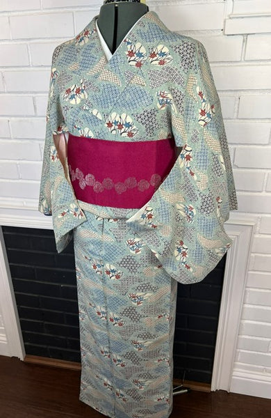 Vintage Japanese Silk Kimono | Awase Kimono with Traditional Fan and Maple Leaf Pattern