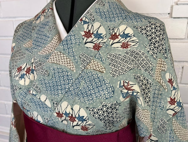 Vintage Japanese Silk Kimono | Awase Kimono with Traditional Fan and Maple Leaf Pattern
