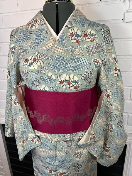 Vintage Japanese Silk Kimono | Awase Kimono with Traditional Fan and Maple Leaf Pattern