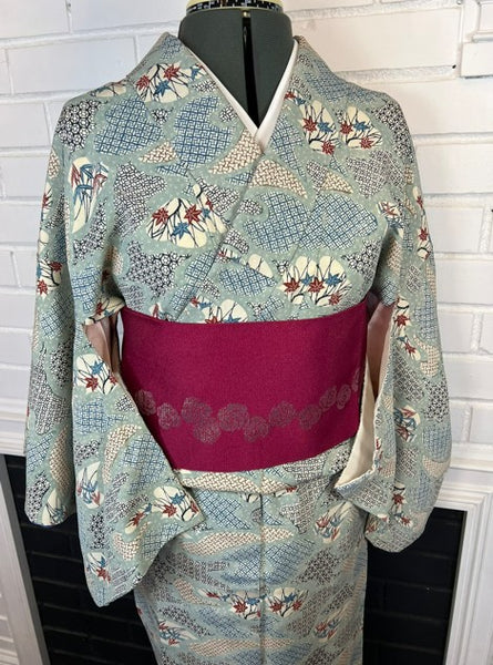 Vintage Japanese Silk Kimono | Awase Kimono with Traditional Fan and Maple Leaf Pattern