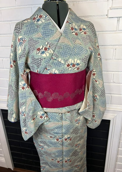 Vintage Japanese Silk Kimono | Awase Kimono with Traditional Fan and Maple Leaf Pattern