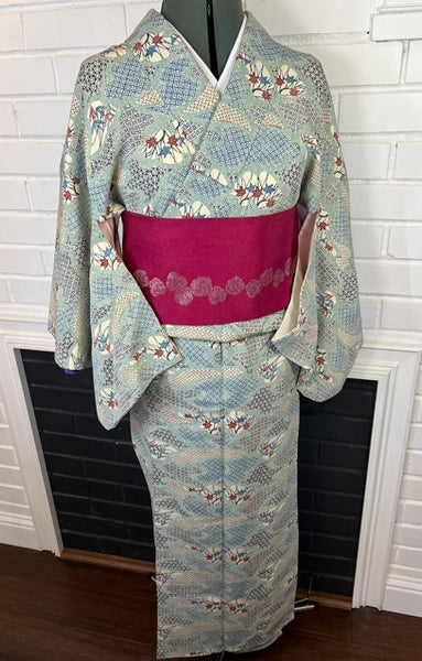 Vintage Japanese Silk Kimono | Awase Kimono with Traditional Fan and Maple Leaf Pattern