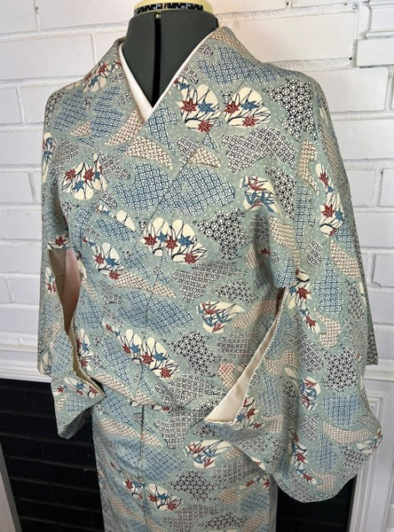 Vintage Japanese Silk Kimono | Awase Kimono with Traditional Fan and Maple Leaf Pattern