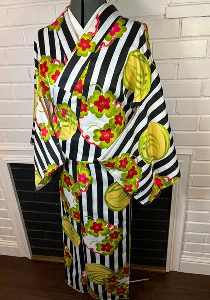 Modern Japanese Awase Kimono with Plum Blossom | Black and White Striped Floral