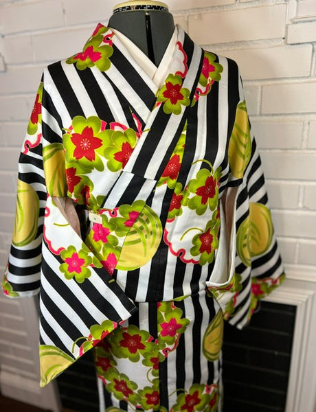 Modern Japanese Awase Kimono with Plum Blossom | Black and White Striped Floral