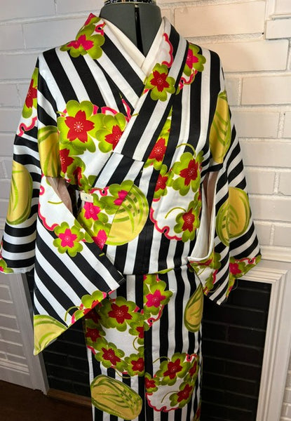 Modern Japanese Awase Kimono with Plum Blossom | Black and White Striped Floral