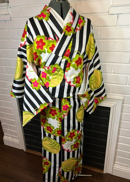 Modern Japanese Awase Kimono with Plum Blossom | Black and White Striped Floral