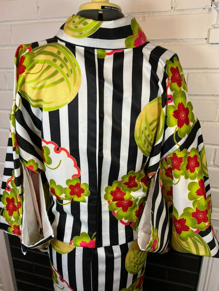 Modern Japanese Awase Kimono with Plum Blossom | Black and White Striped Floral