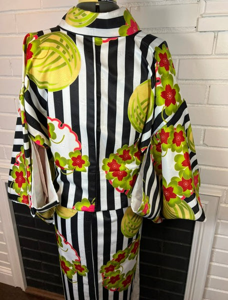 Modern Japanese Awase Kimono with Plum Blossom | Black and White Striped Floral