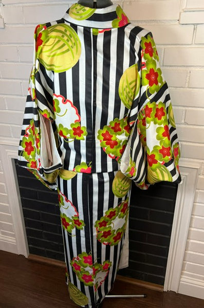 Modern Japanese Awase Kimono with Plum Blossom | Black and White Striped Floral
