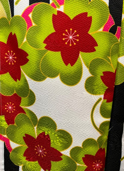 Modern Japanese Awase Kimono with Plum Blossom | Black and White Striped Floral