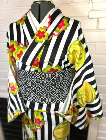 Modern Japanese Awase Kimono with Plum Blossom | Black and White Striped Floral