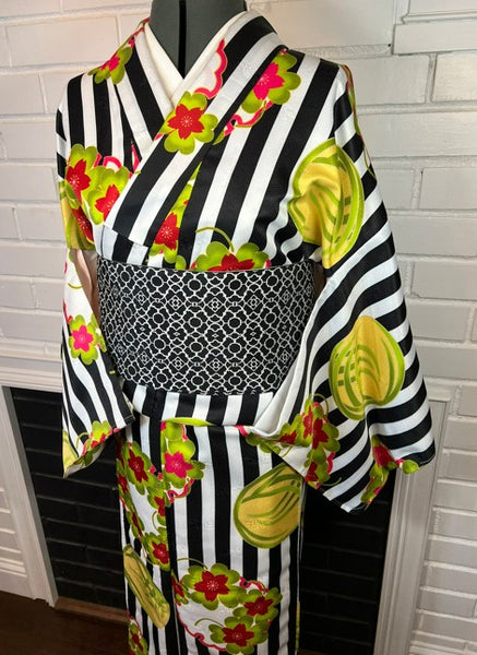 Modern Japanese Awase Kimono with Plum Blossom | Black and White Striped Floral