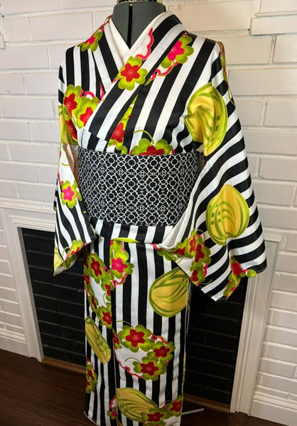 Modern Japanese Awase Kimono with Plum Blossom | Black and White Striped Floral