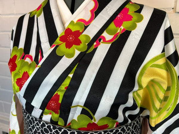 Modern Japanese Awase Kimono with Plum Blossom | Black and White Striped Floral