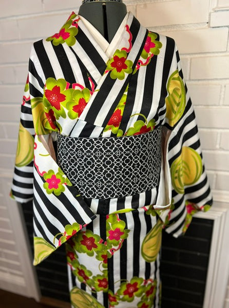 Modern Japanese Awase Kimono with Plum Blossom | Black and White Striped Floral