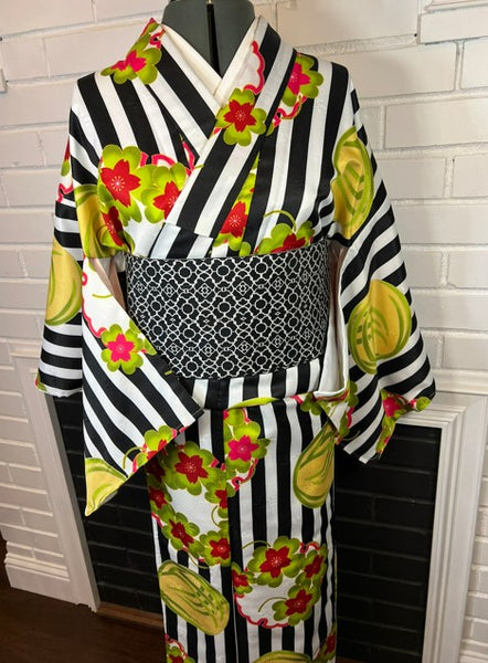 Modern Japanese Awase Kimono with Plum Blossom | Black and White Striped Floral