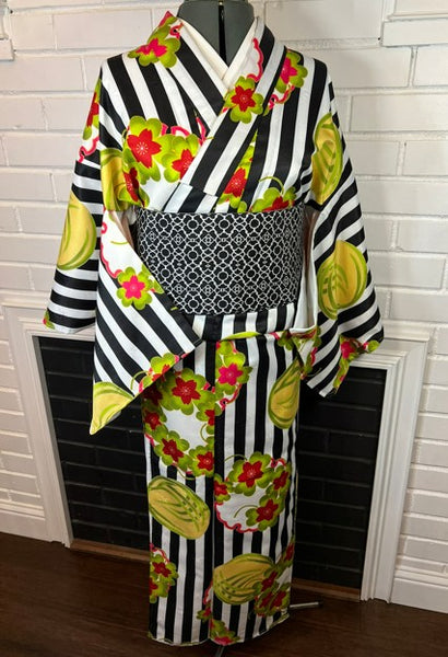 Modern Japanese Awase Kimono with Plum Blossom | Black and White Striped Floral
