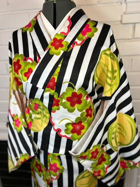 Modern Japanese Awase Kimono with Plum Blossom | Black and White Striped Floral