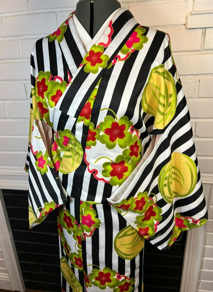 Modern Japanese Awase Kimono with Plum Blossom | Black and White Striped Floral