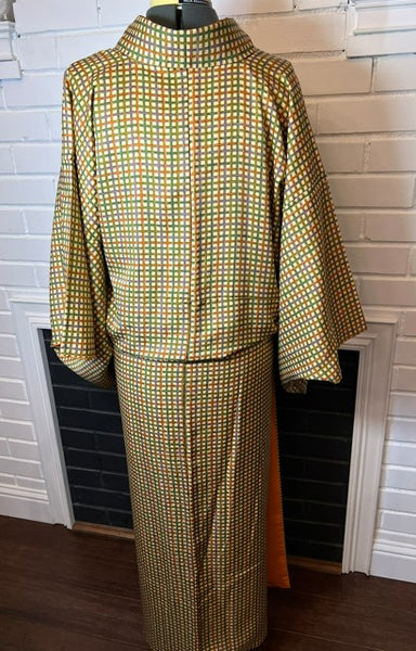 Vintage Silk Kimono and Zori Set – Autumn Geometric Pattern | Elegant Traditional Japanese outfit