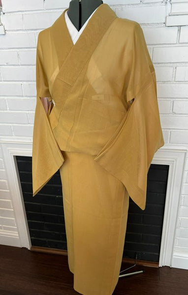 Vintage Japanese Summer Tsumugi Kimono – Mustard Yellow Sheer Silk, Unworn Lightweight