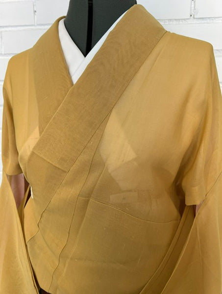 Vintage Japanese Summer Tsumugi Kimono – Mustard Yellow Sheer Silk, Unworn Lightweight