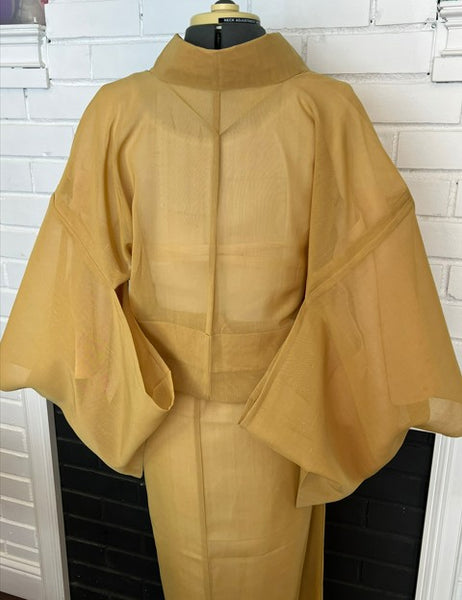 Vintage Japanese Summer Tsumugi Kimono – Mustard Yellow Sheer Silk, Unworn Lightweight