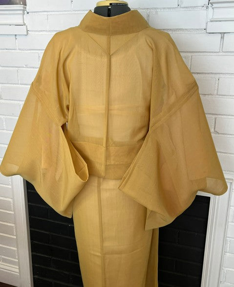 Vintage Japanese Summer Tsumugi Kimono – Mustard Yellow Sheer Silk, Unworn Lightweight