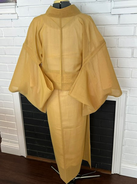 Vintage Japanese Summer Tsumugi Kimono – Mustard Yellow Sheer Silk, Unworn Lightweight