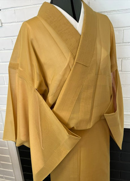 Vintage Japanese Summer Tsumugi Kimono – Mustard Yellow Sheer Silk, Unworn Lightweight